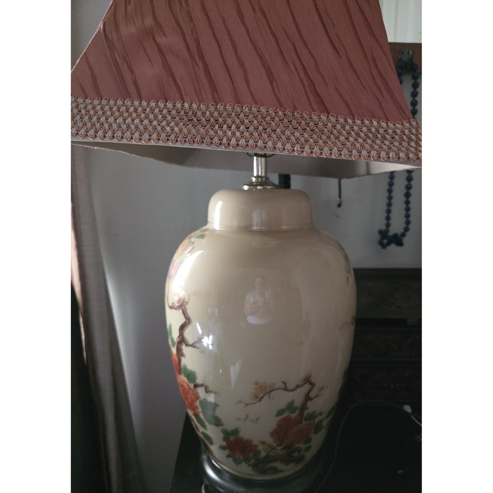 Vtg Asian Hand painted Glass Birds & Flowers Ginger Jar Table Lamp 30" - Picture 3 of 8